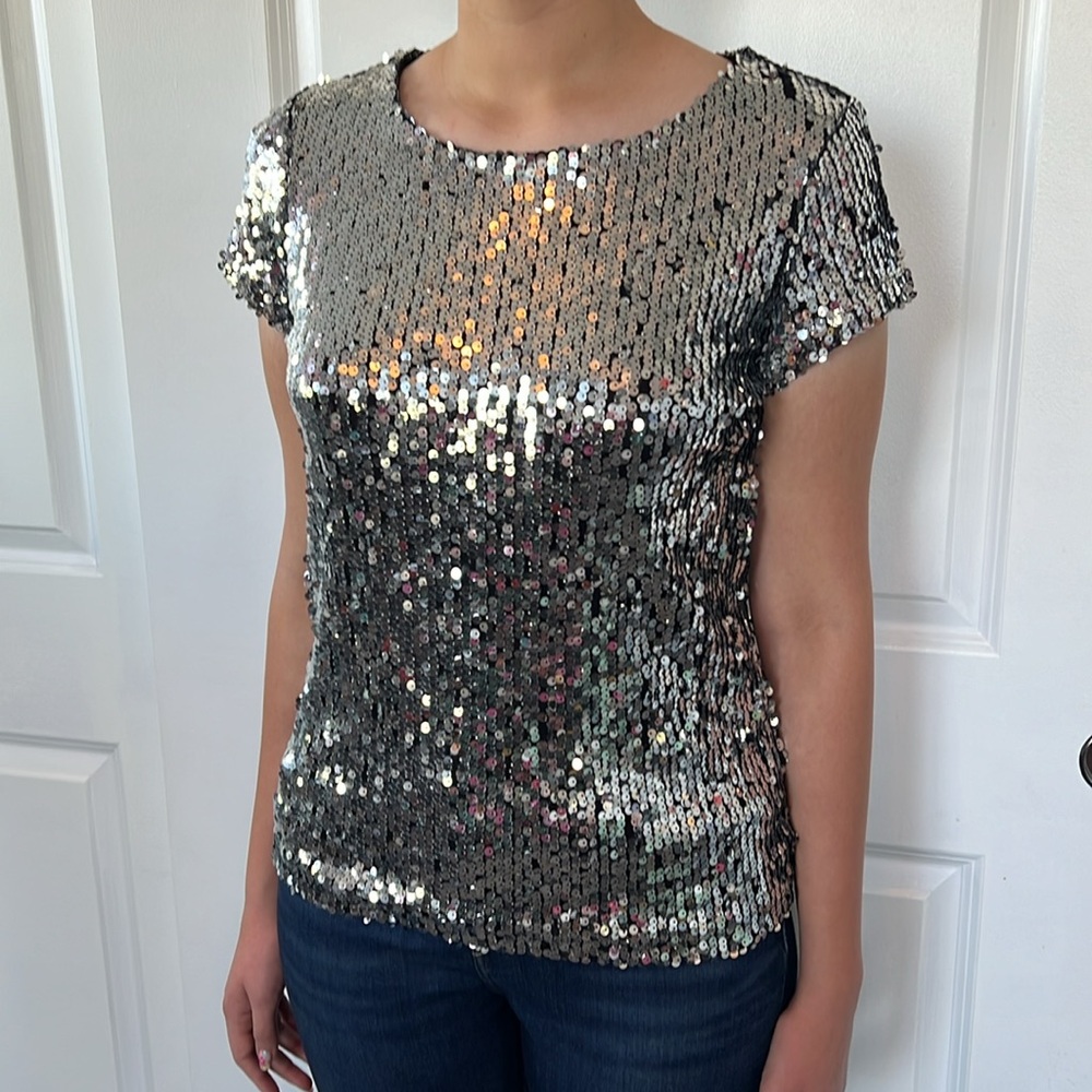 Inc Silver Glam Bling Sequin Basic Tee T Shirt M … - image 2